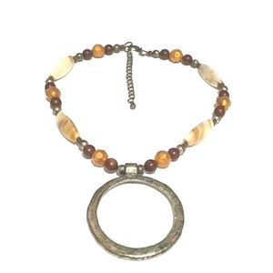 VINTAGE AGATE STONE BEADED SILVER-TONE LOOP PENDANT CHOKER COLLAR 19" NECKLACE